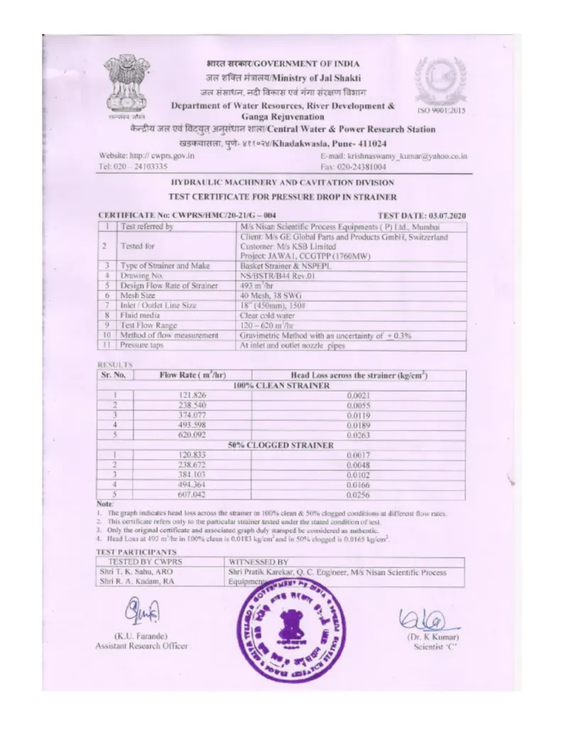 Pressure-drop test, gas-turbine plant duty certificate